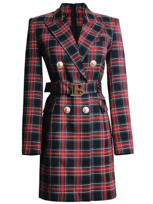 2023 Autumn New Suit Collar High-end Classic England Style Plaid Printing Women Career Blazer Dresses with Belt