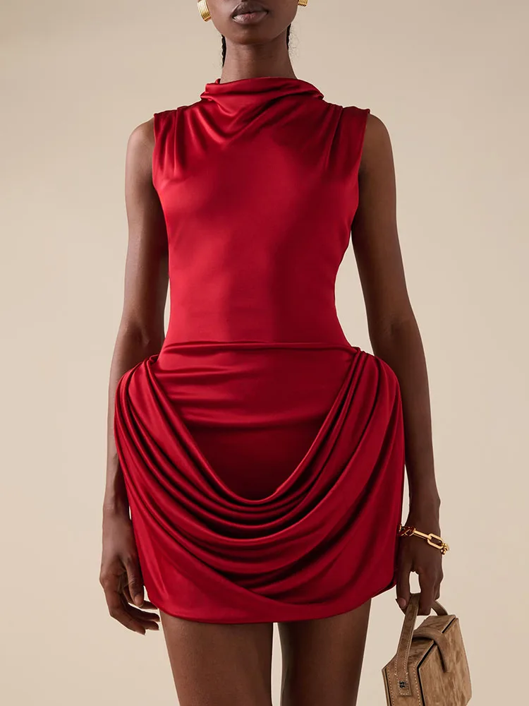 Luxury designer high end runway fashion ruched Pleated mini Dress Stand Collar Sleeveless Womens dresses